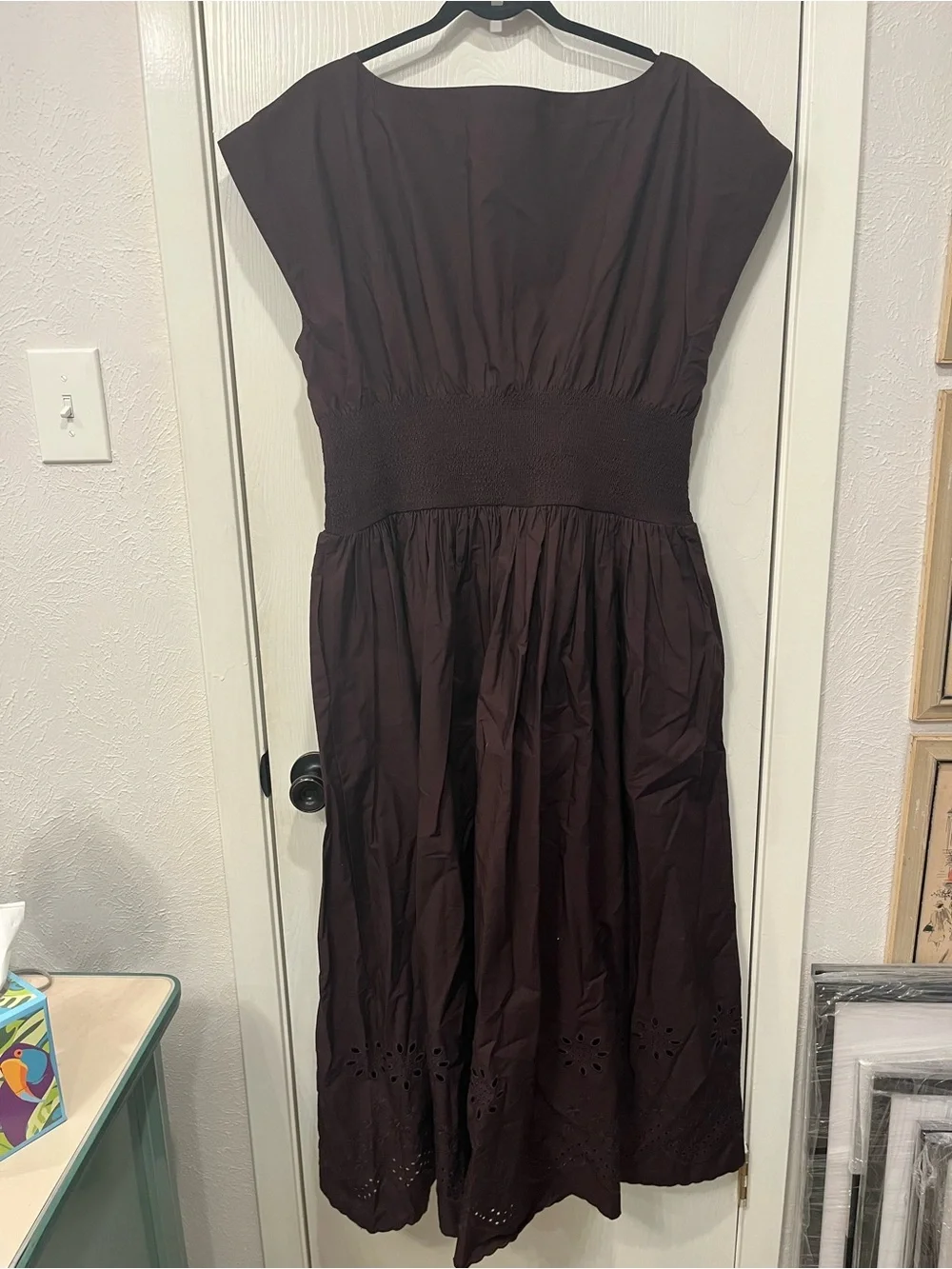 NEW J. Crew Smocked Waist Eyelet Hem Brown Cotton Poplin Maxi Dress Size XL